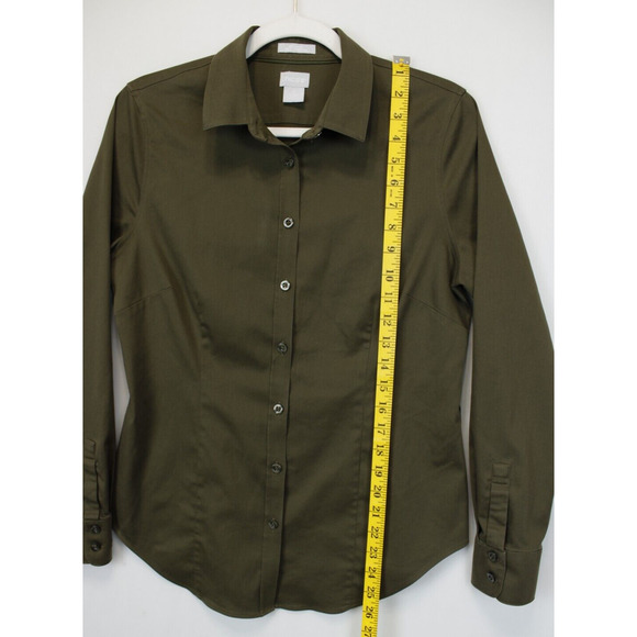 Chico's No Iron Chic Stretch Button Front Top Women 4 Long Sleeve Collared Olive - Picture 4 of 14